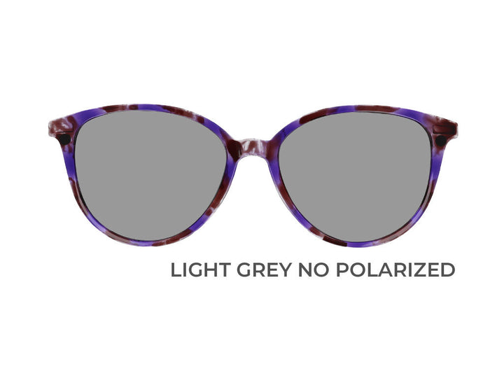 Igreen cat-eye, round purple clip on with light grey non polarized lenses 