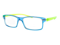 rectangle light eyewear - blue frame and yellow temples - side photo