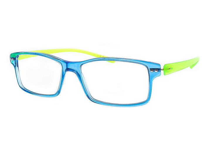 rectangle light eyewear - blue frame and yellow temples - side photo