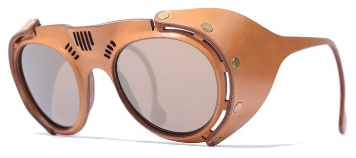 Lucas de stael round leather sunglasses - with eye cover on sides - camel color - side photo