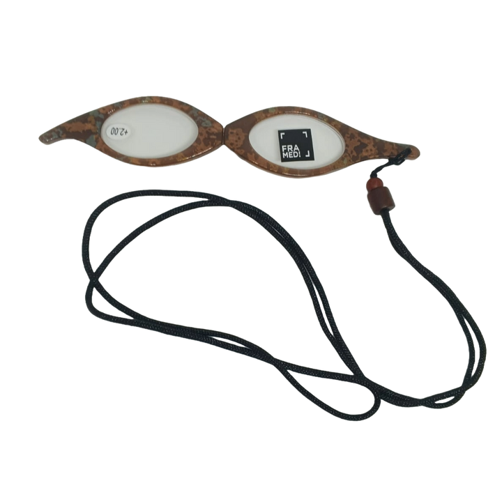 brown cat eye reading binocular glasses necklace from our home brand Framed! opened