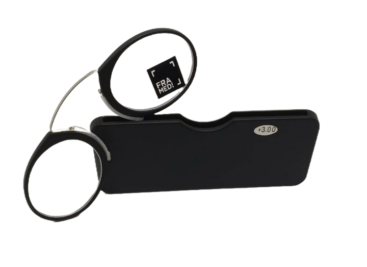 round ultra-lightweight black reading glasses designed to stick to the back of a cell phone.