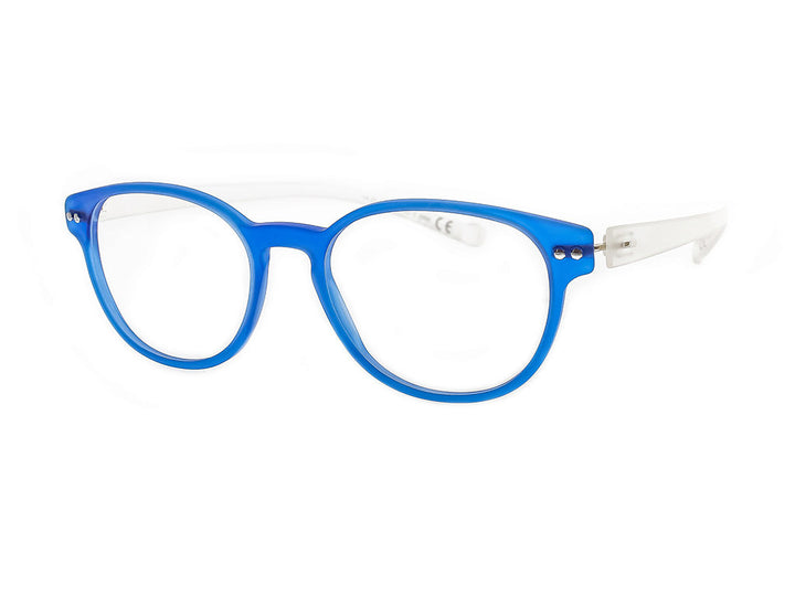 round light eyewear - blue frame and transparent temples - side photo